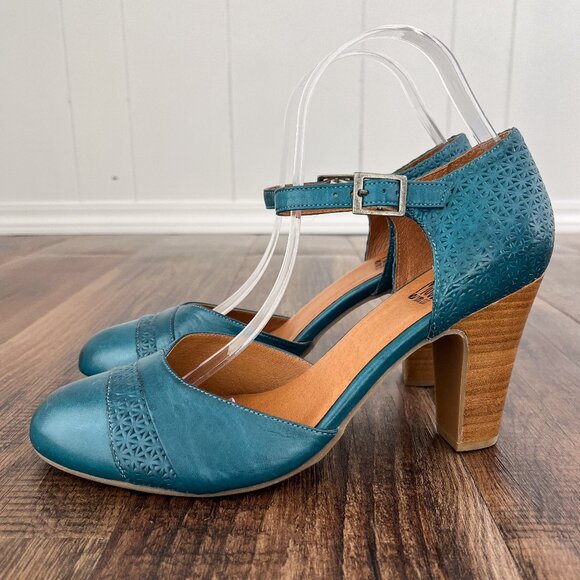 Miz Mooz Jay Mary Jane Pump Heel Embossed Leather Retro Size 9.5 EU 40.5 in Teal - Picture 2 of 16